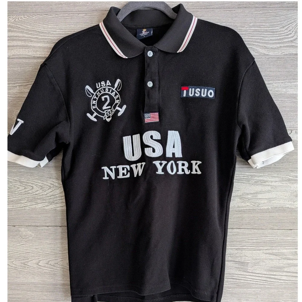 Tusuo Mens USA New York Polo Shirt Black Short Sleeve Embroidered Crest Size L